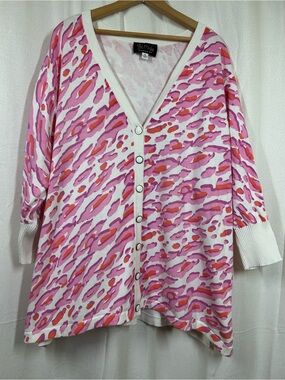 Bob Mackie Pink Orange Abstract Animal Print Cardigan Sweater Sz 3X Plus Size